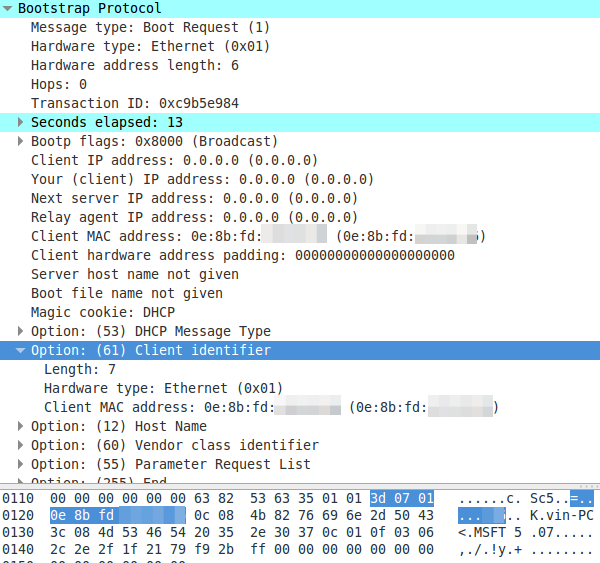 mac asking for dhcp client id change ip